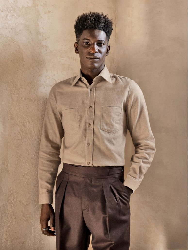 Chemise col français en flanelle beige