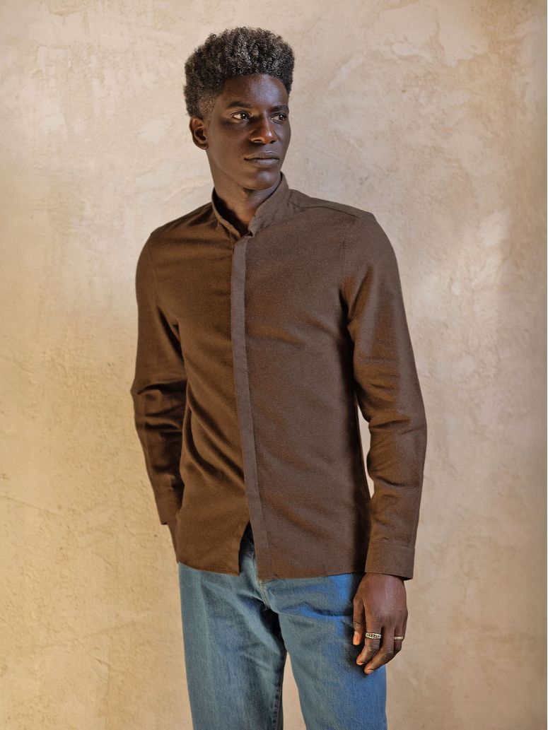 Chemise col Mao en flanelle marron