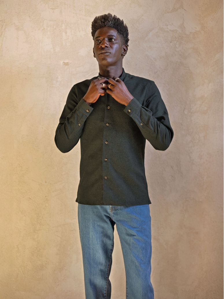 chemise col officier en flanelle vert forêt