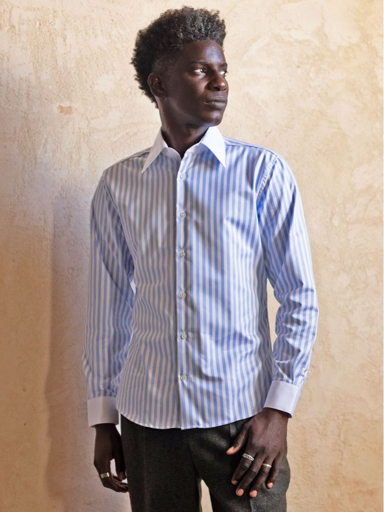 Chemise col français infroissable à rayures bleu ciel