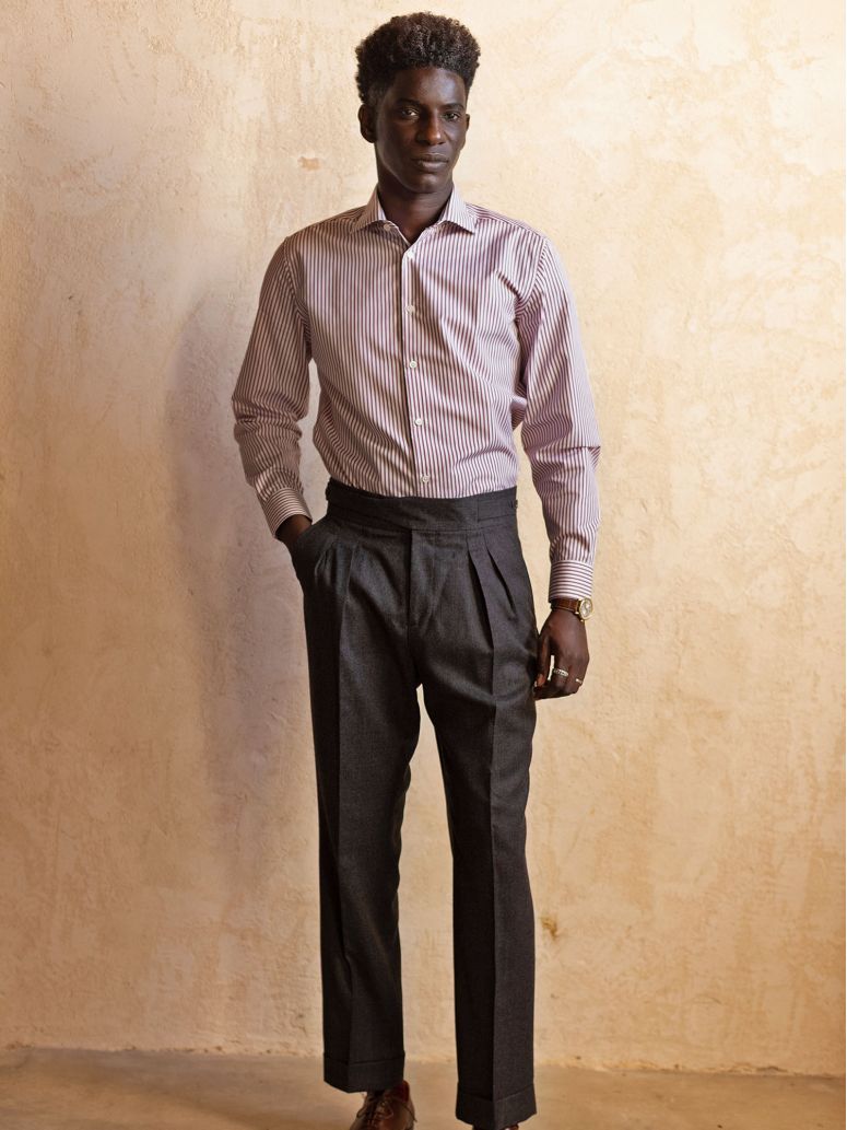 Chemise col italien infroissable à rayures bordeaux