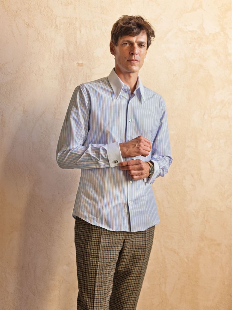 Chemise col à pointes à rayures bleu ciel et marron