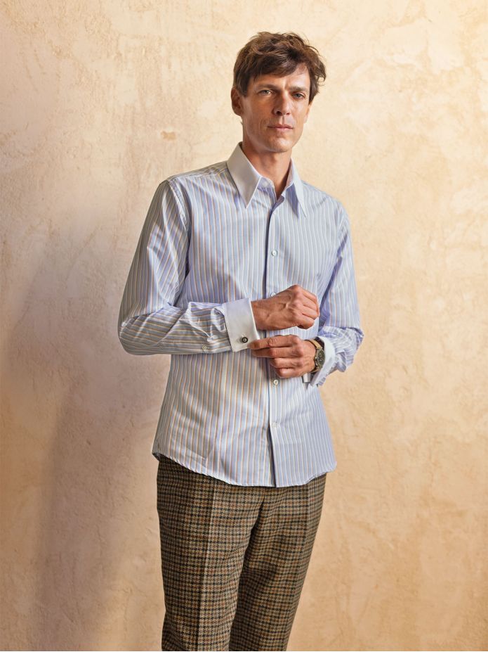 Chemise col à pointes à rayures bleu ciel et marron