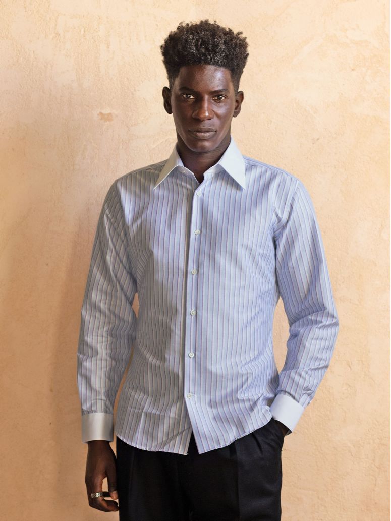 Chemise col français infroissable à rayures bleu ciel et violet