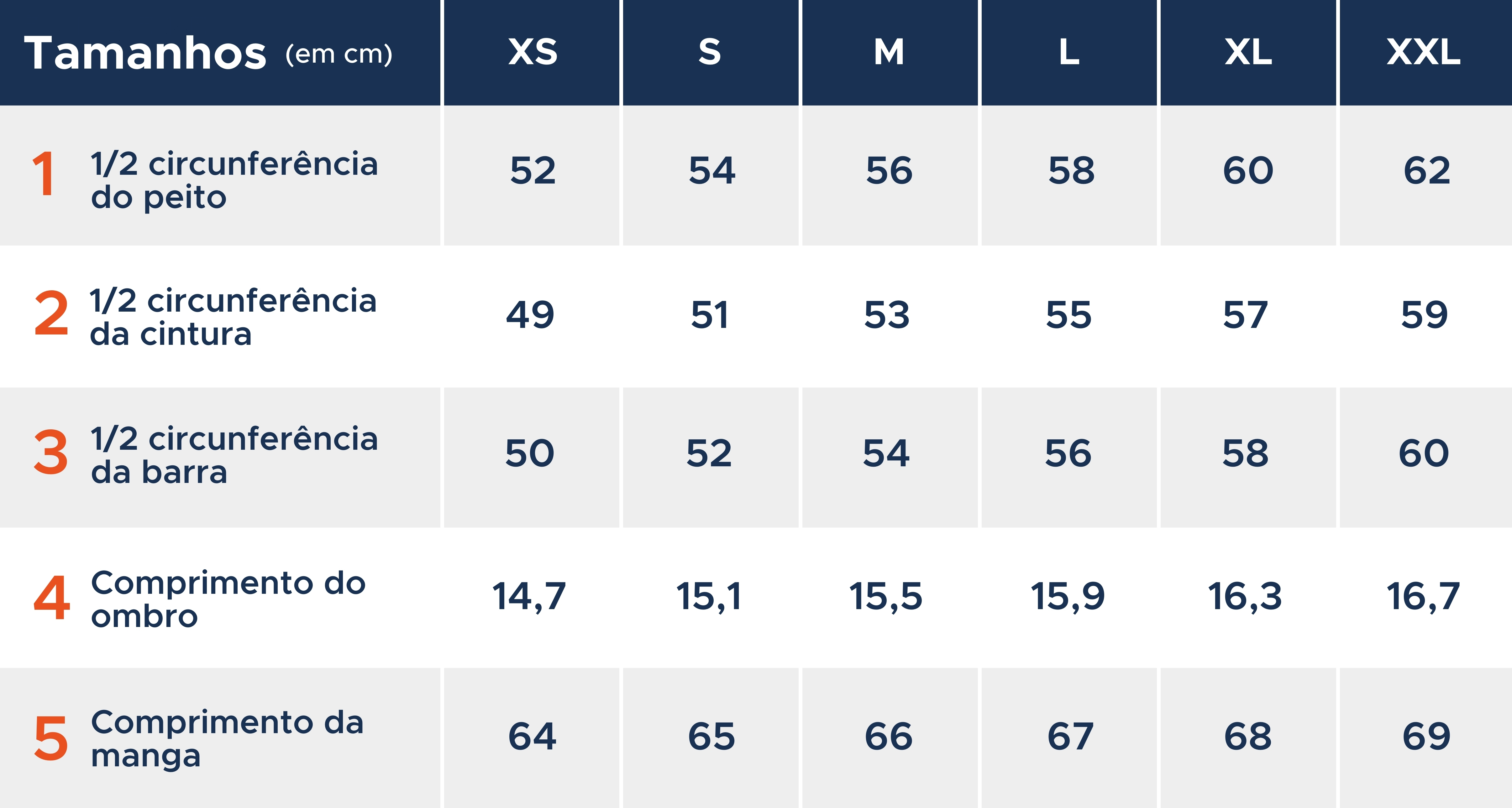 Guia de tamanhos de camisa de sobreposição