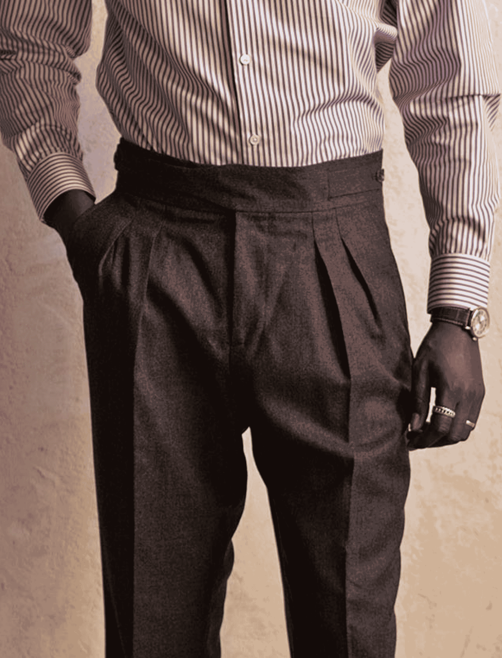 Men’s Gurkha pants with a high waist and crossover waistband